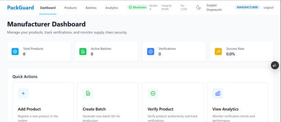 PackGuard is a comprehensive blockchain-powered supply chain authentication platform designed to combat counterfeit products across multiple industries including pharmaceuticals, electronics, luxury goods, food & beverage, automotive parts, and cosmetics.